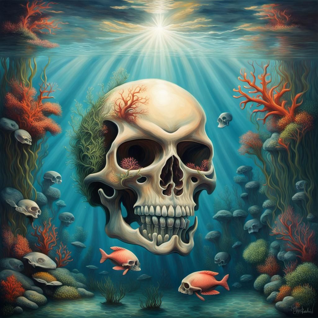 Eerie Underwater Skull Reflection in Hyperrealism