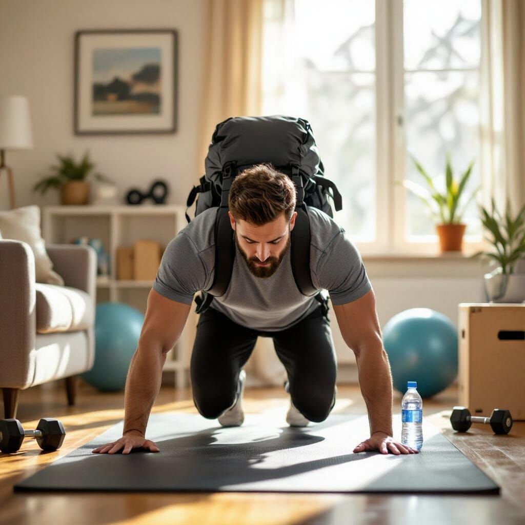 Man Doing Plank Exercise in Sunlit Room
