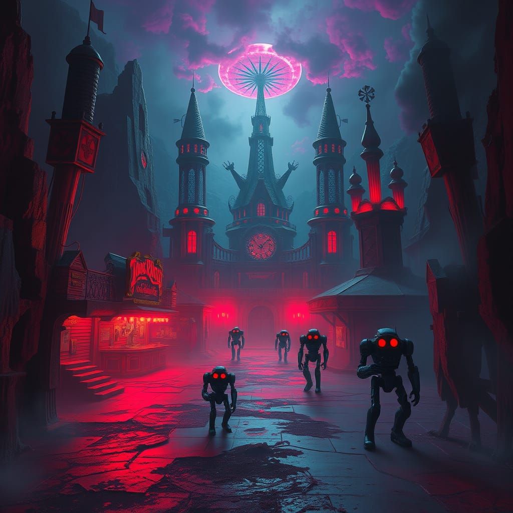 Villain Hideout in Creepy Carnival With Robot Minions