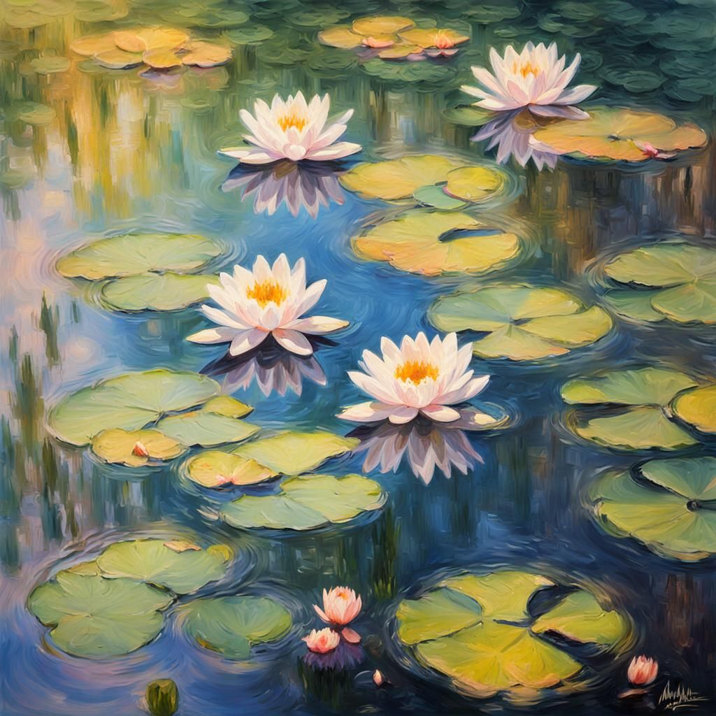 Impressionist Waterlilies on Serene Pond as Oil Painting
