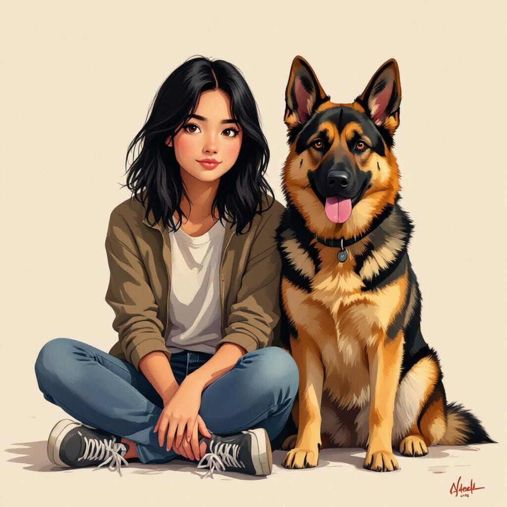 Girl with German Shepherd in Digital Painting Style