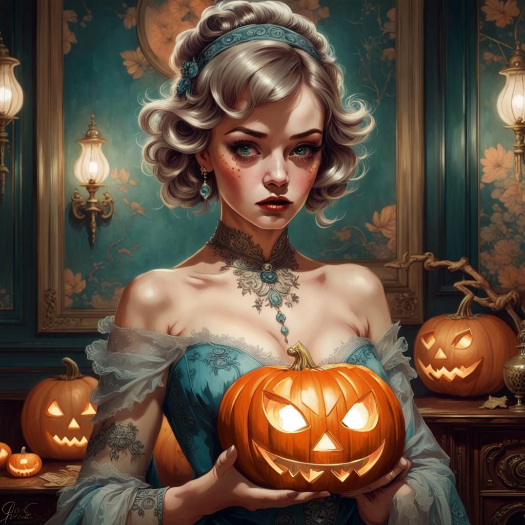 Eerie Vintage Witch Portrait with Jack O'Lanterns