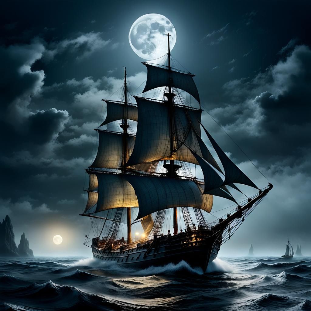 Medieval Sailboat in Moonlight: Eerie Surrealism