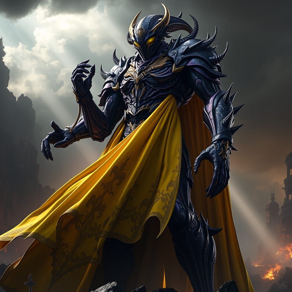 Gigantic Dark Fantasy Alien Commander with Metallic Armor an...