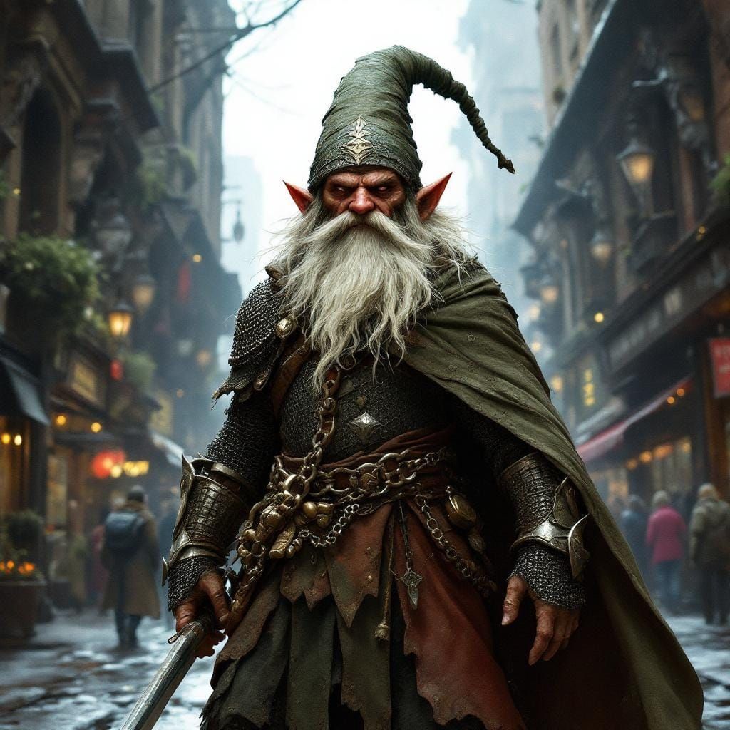 gnome beguiler wearing chainmail and cloak on city street