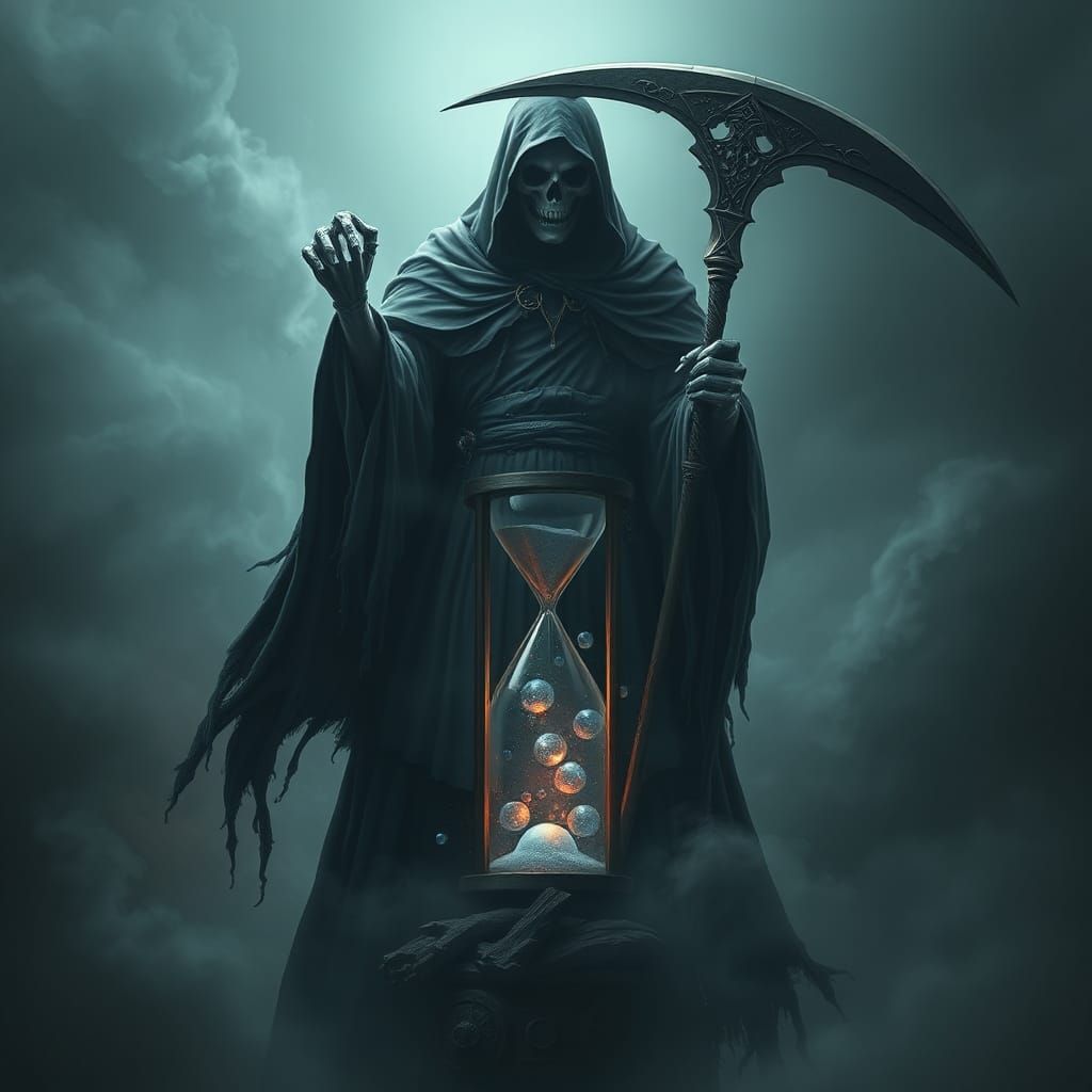 Grim Reaper in Eerie Mist with Hourglass