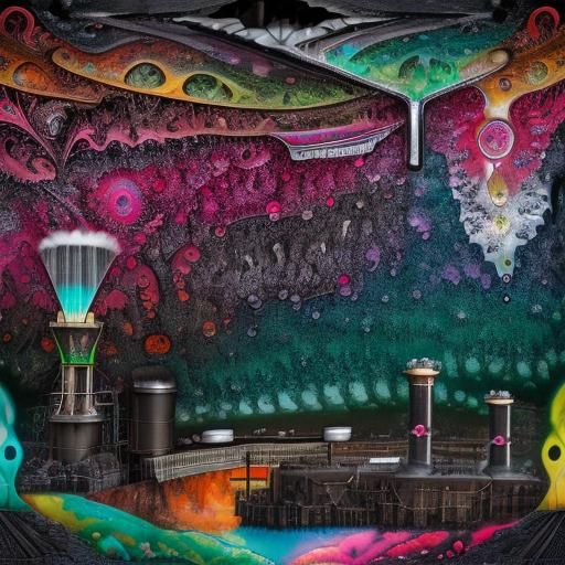 Steam Engine in Welsh Mine: Surrealist Oil Painting