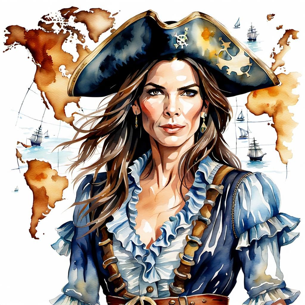 Pirate Sandra Bullock on the High Seas: Watercolor