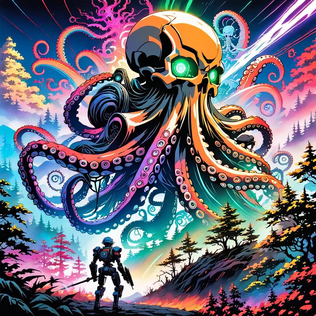 Mecha Battle in Cyberpunk Neon Landscape