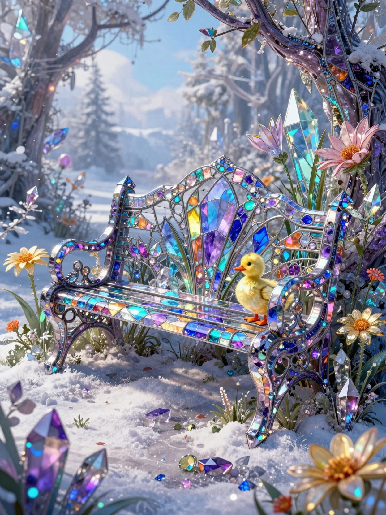 Amethyst Crystal Bench with Duckling and Flowers