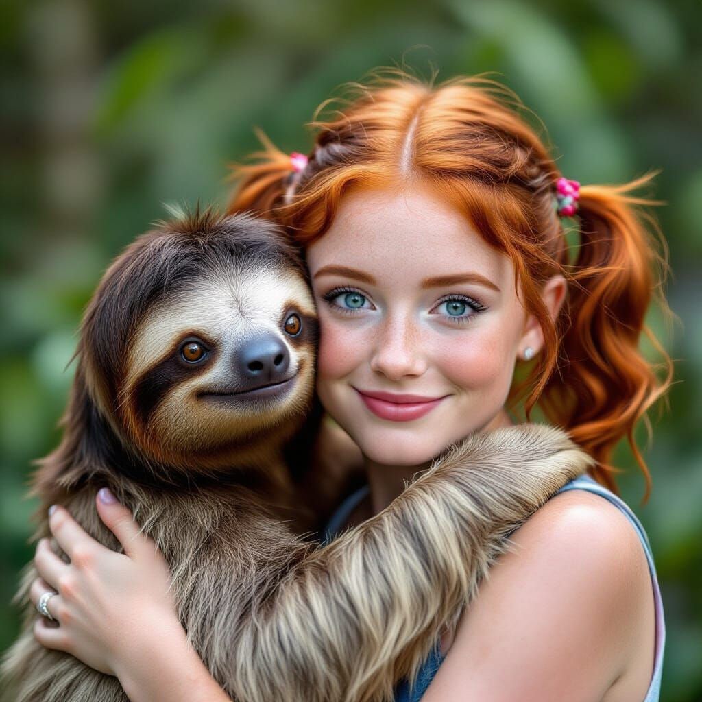 Redhead Woman Hugs Sloth in Whimsical Portrait