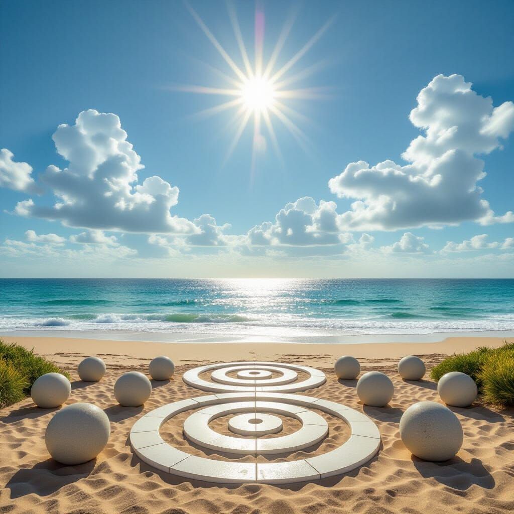 Symmetrical Landscape with Spherical Sea, in Op Art Style