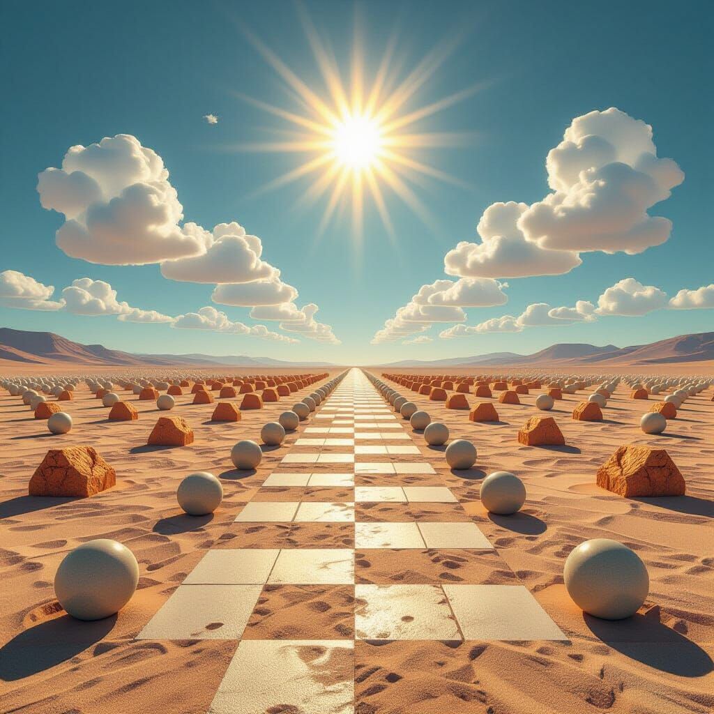 Symmetrical Landscape with Geometric Shapes in Op Art Style