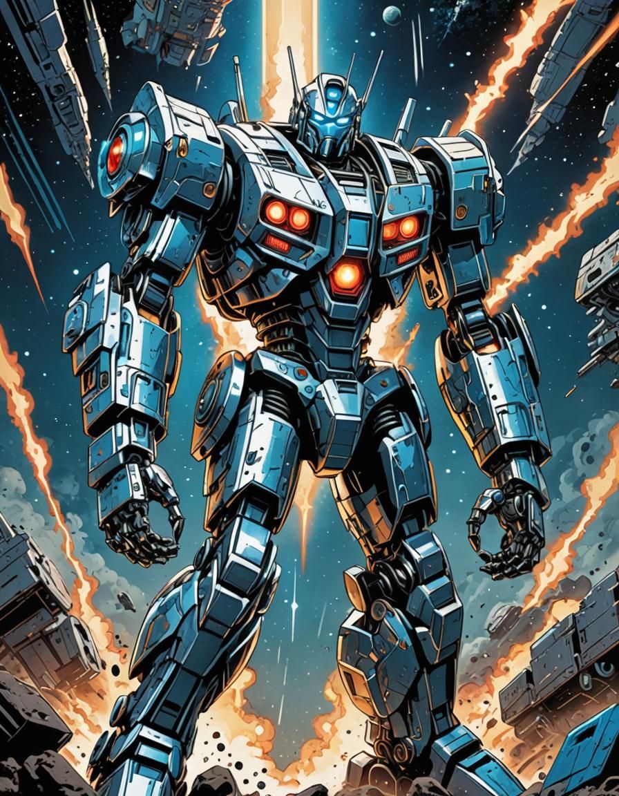 Giant Robot in Space Comic Book Style
