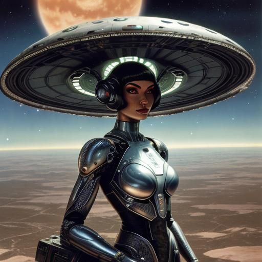 Cyborg Mushroom Girl in Orbit: Sci-Fi Illustration