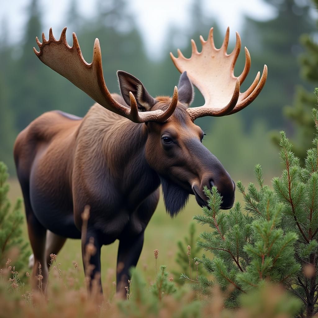 Moose Eating Spruce Plants in the Wild