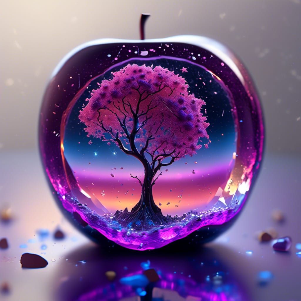 Galaxy Inside Cracked Crystal Apple: Hyperrealistic Art