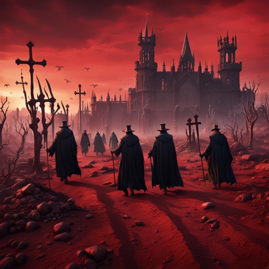 A row of plague doctors walking through a wasteland carrying...