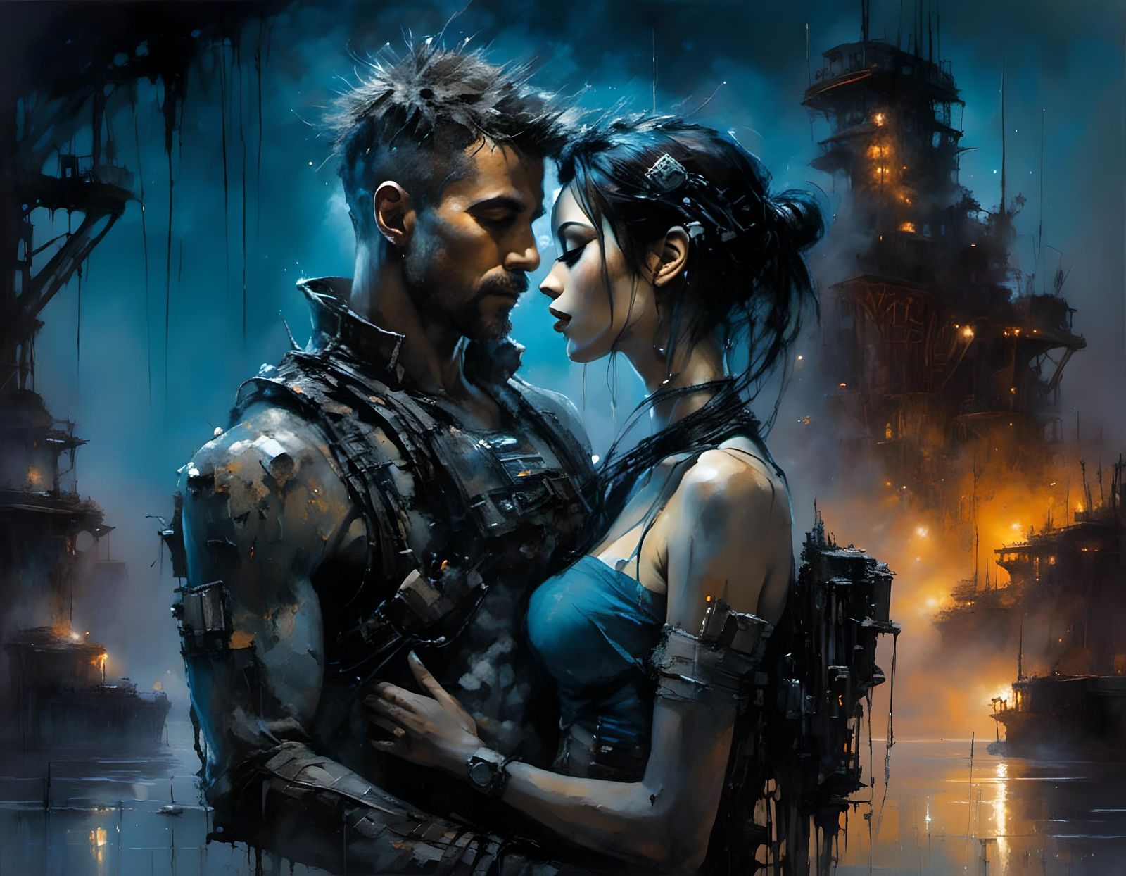 Cyborgs Embrace in Trashpunk Wasteland at Night