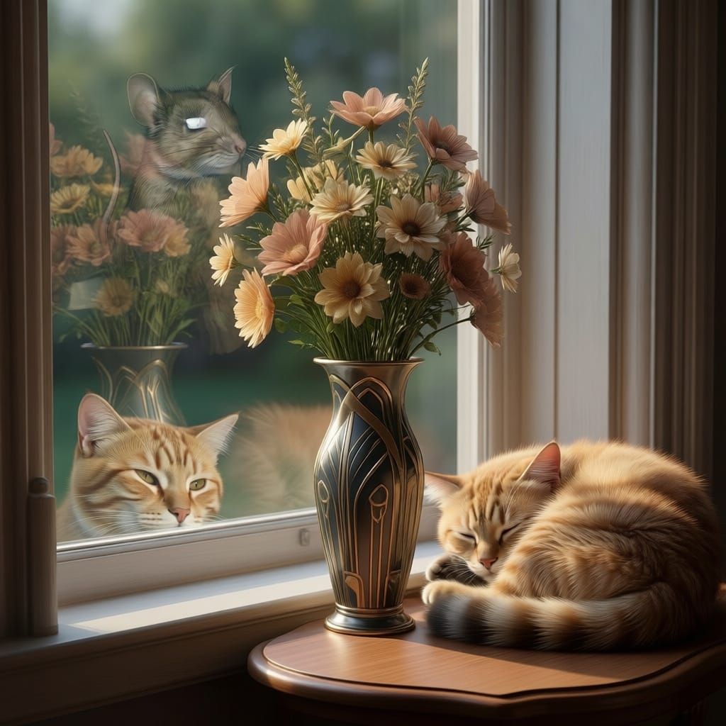 Surreal Double Exposure Cat Reflection in Art Deco Style