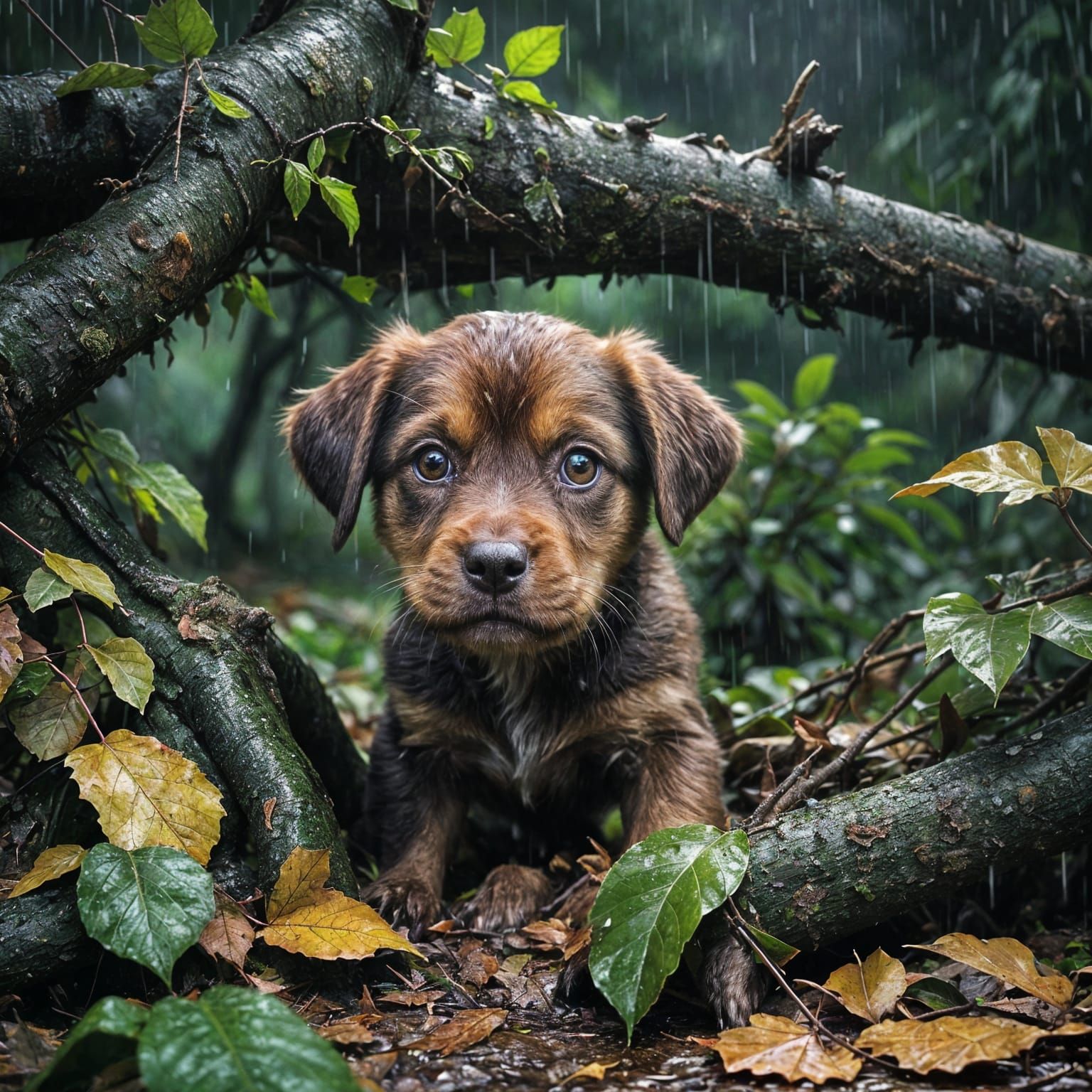 Cute Brown Puppy in Dense Jungle Rainstorm
