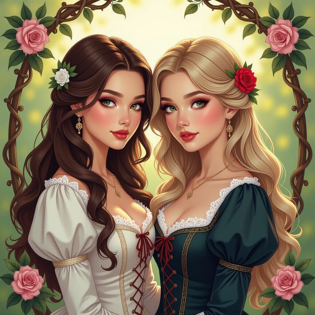 Mirrored Women in Victorian Gowns with Roses