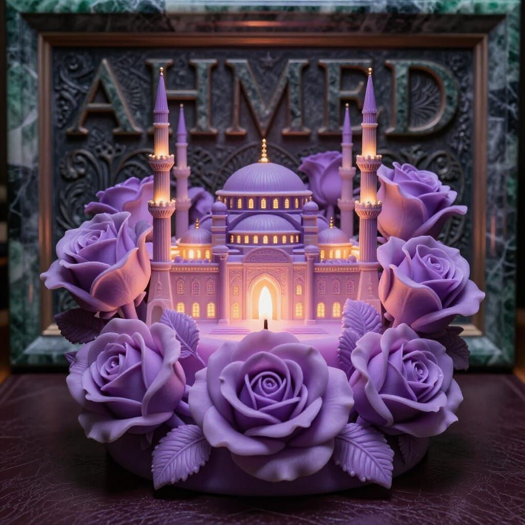 Luxury Mosque Candle with Silk Roses and Name Sculpture