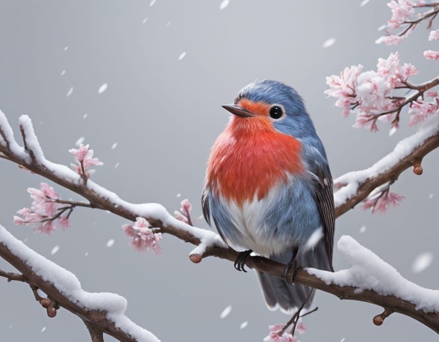 Festive Robin with Pink Blossom, Detailed Matte Painting