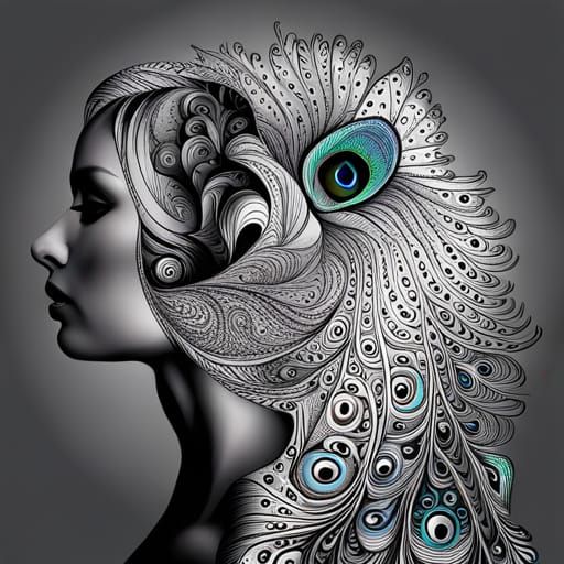 Monochrome Peacock in Broken Mirror Zentangle Art