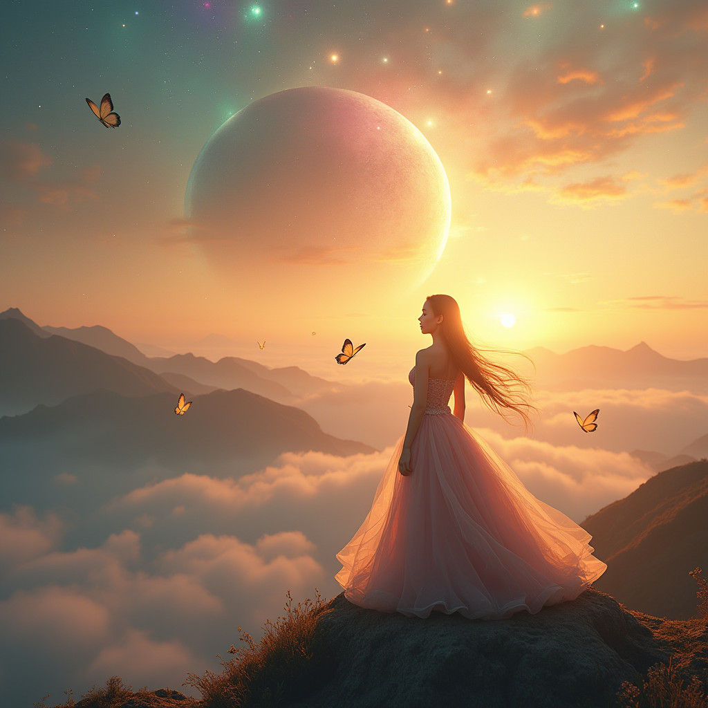 Ethereal Girl on Mountain Peak at Sunset
