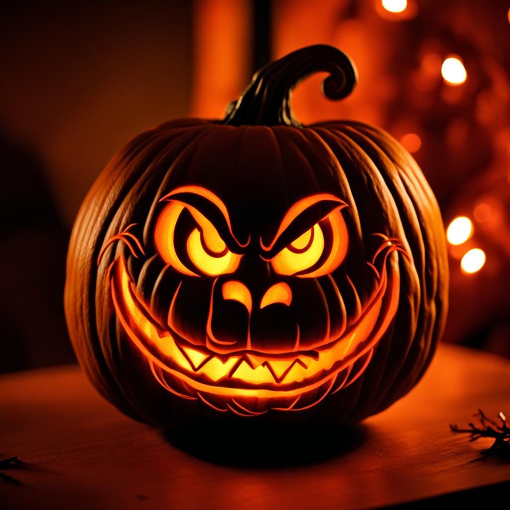 pumpkin with a grinch smile carved in it, luminous, and the ...