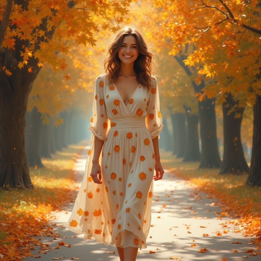 Serene Woman in Autumn Leaves Dress