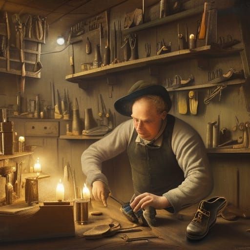 Cobbler's Candlelit Shop in 19th Century Style