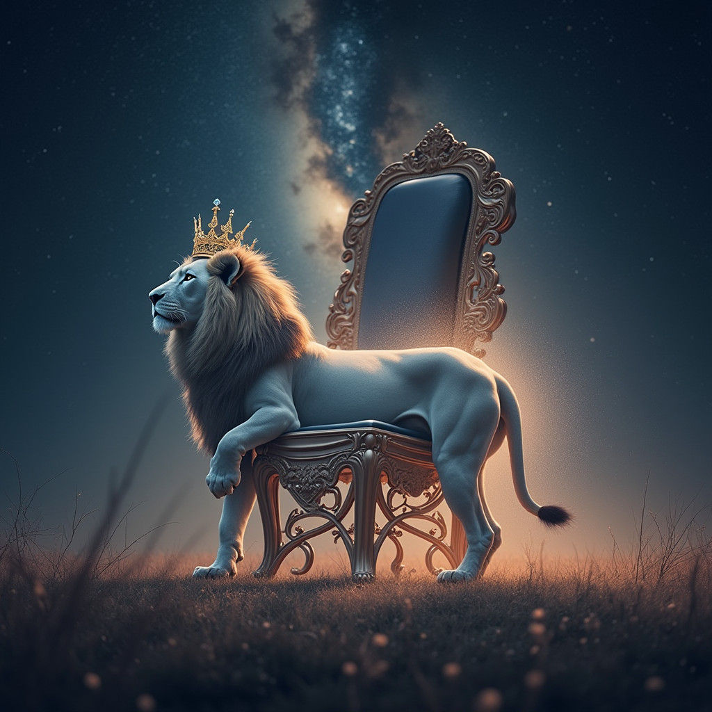 Regal Lion King on Throne with Starry Sky