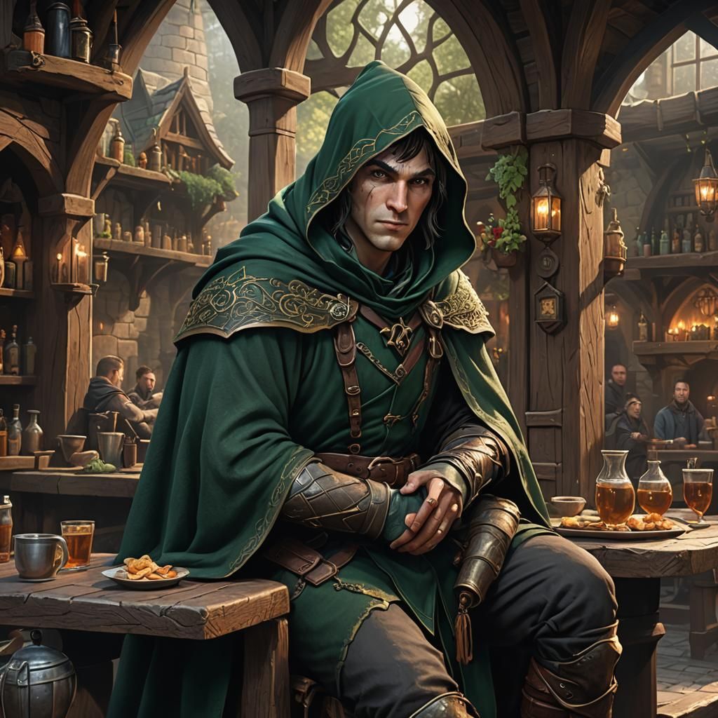 Half-Elf Rogue in Tavern, Fantasy Concept Art