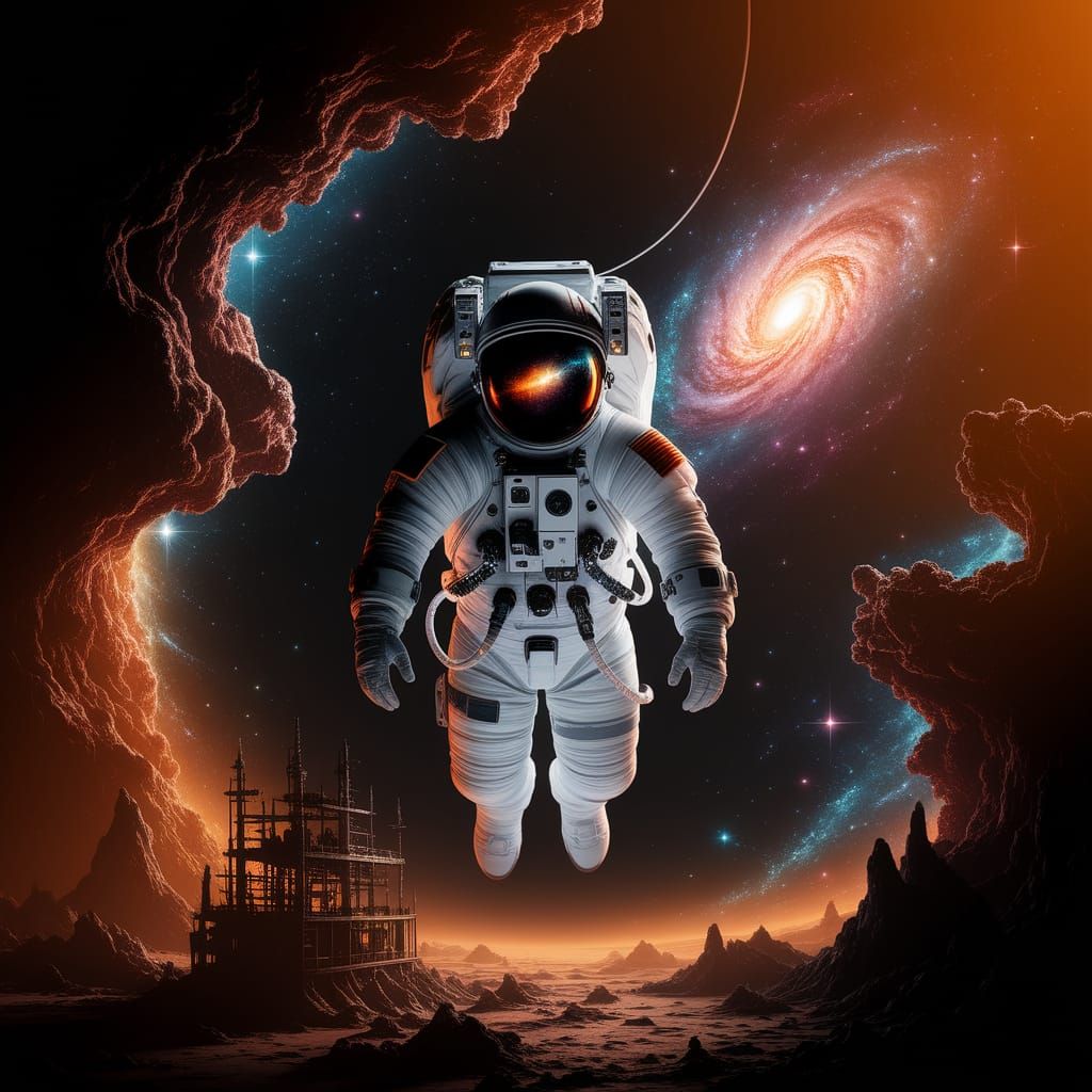 Astronaut Adrift Reflecting Galaxy, Tethered to Derelict Sta...