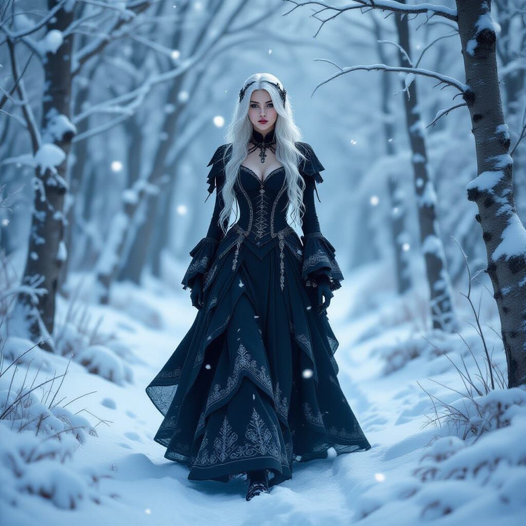 Ethereal Gothic Guardian in Frost-Kissed Forest