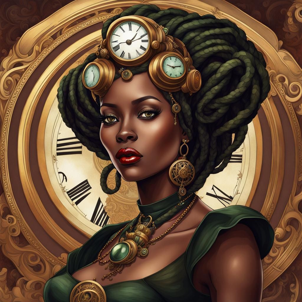 Steampunk Nigerian Woman in Digital Watercolor Painting