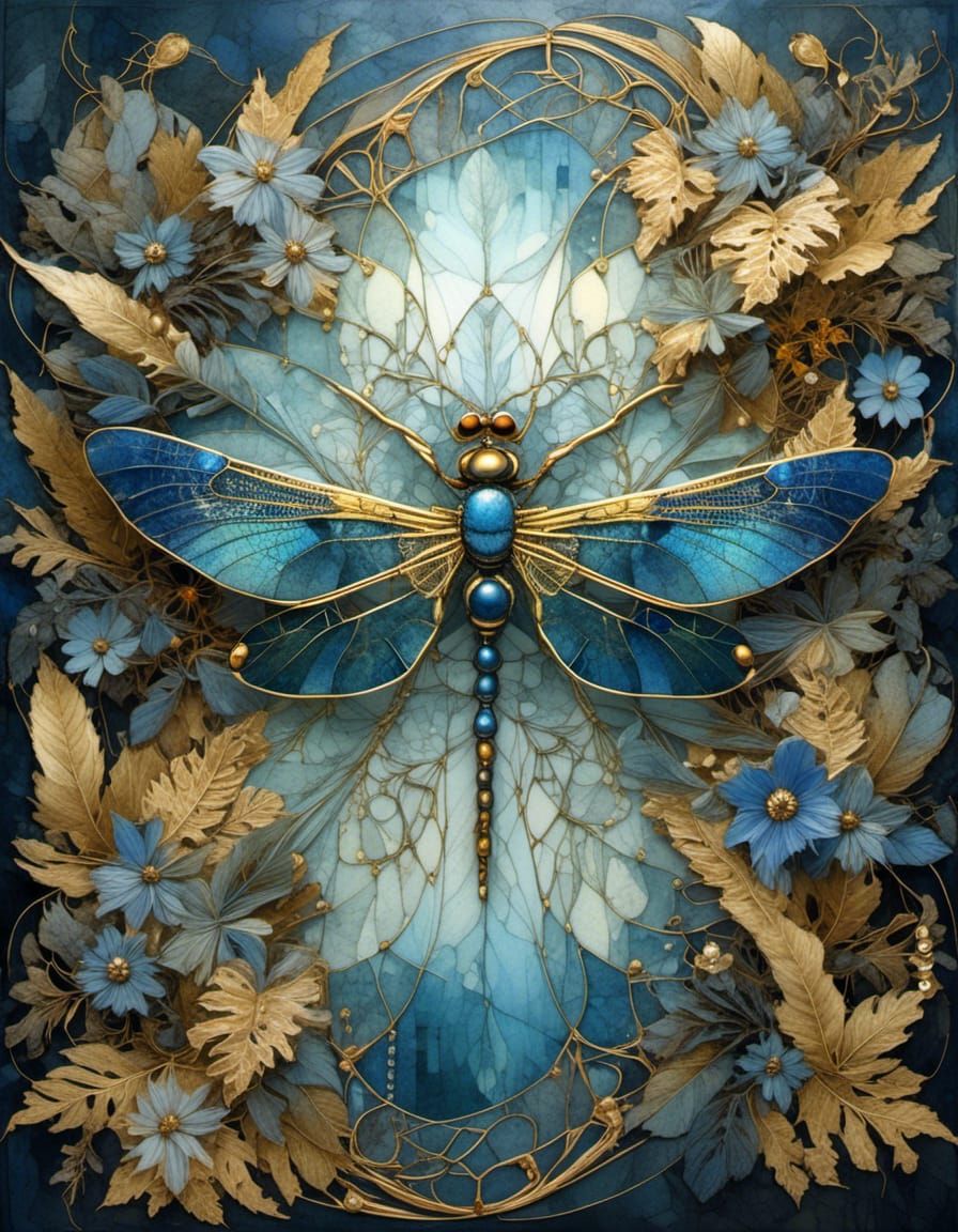 Intricate Gold and Blue Dragonfly in Botanical Setting