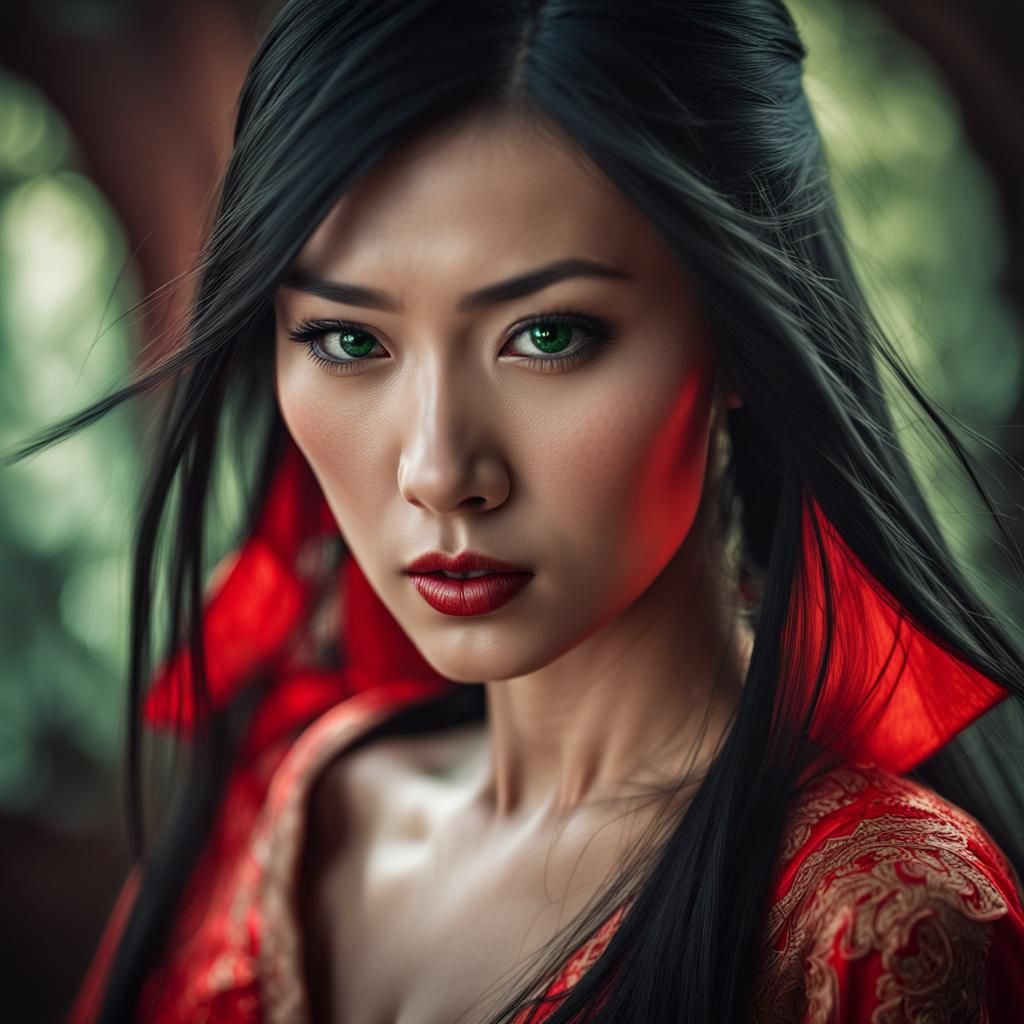 Elegant Asian Woman in Red Dress Fighting
