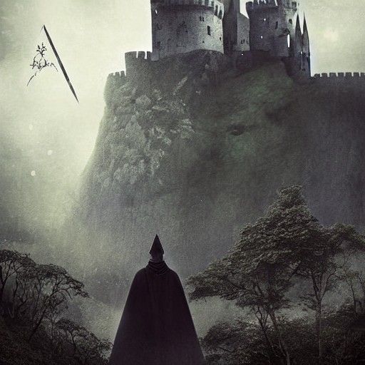 Ethereal Castle Landscape with Cloaked Figure