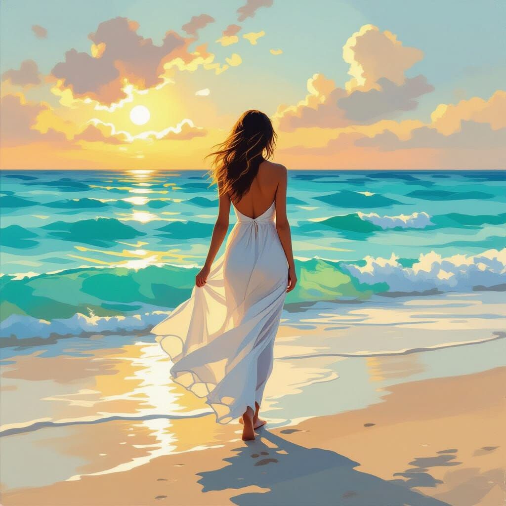 Woman in White Sundress by Turquoise Ocean at Golden Hour