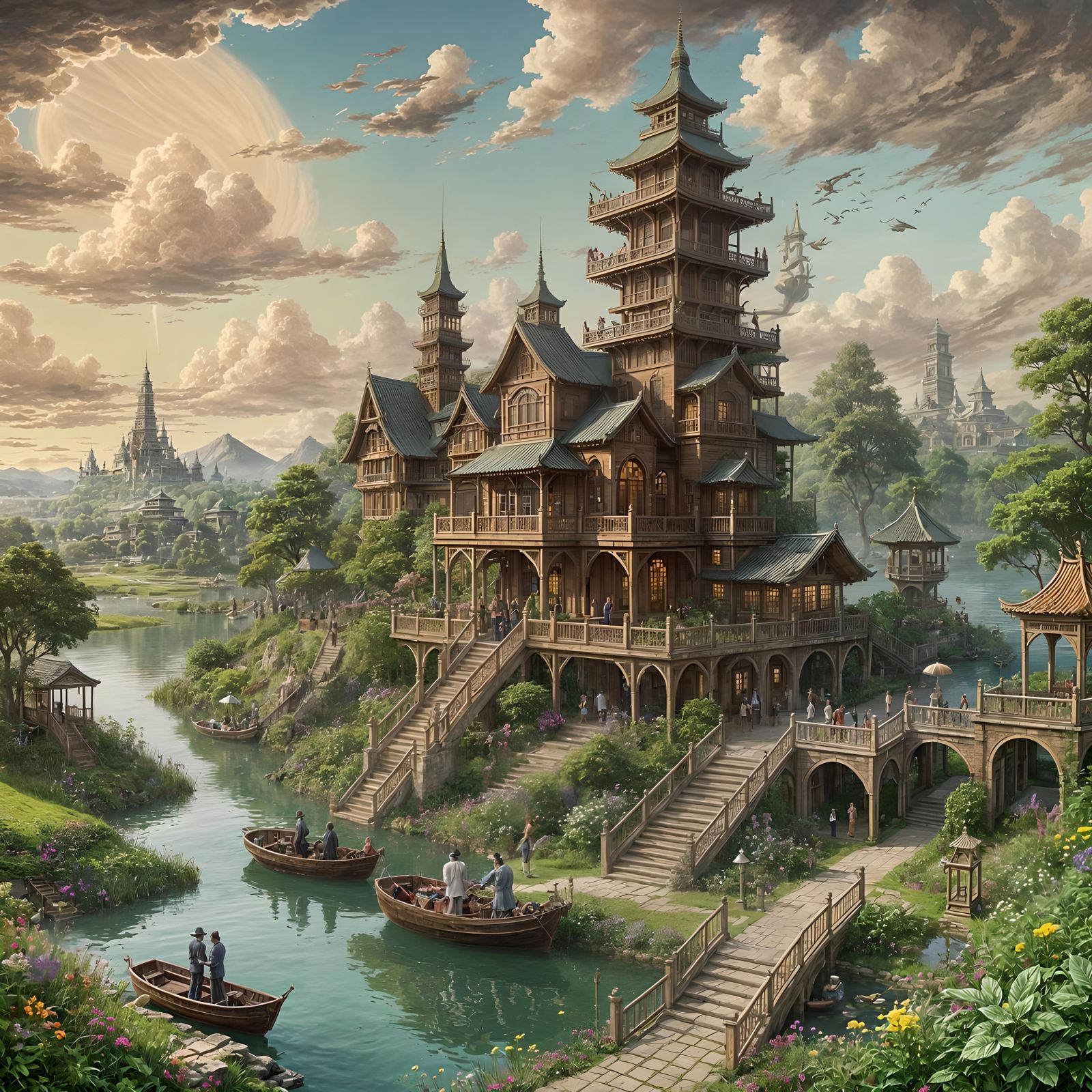 Steampunk Teaching Hospital with Herb Field and Pagoda