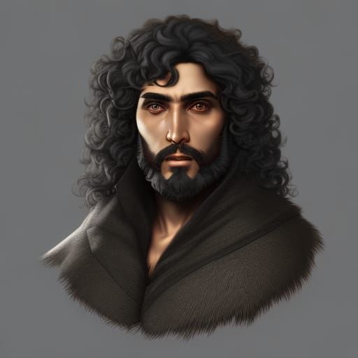 gypsy man with black curly hair, Botticelli style, brown eyes, in grey riding hood, dark fantasy, detailed, texturized, ...