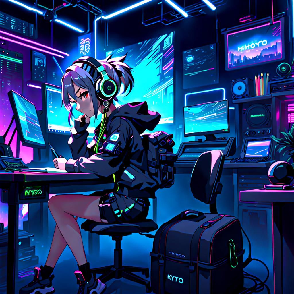 Cyberpunk Girl Writing in Neon Anime Style