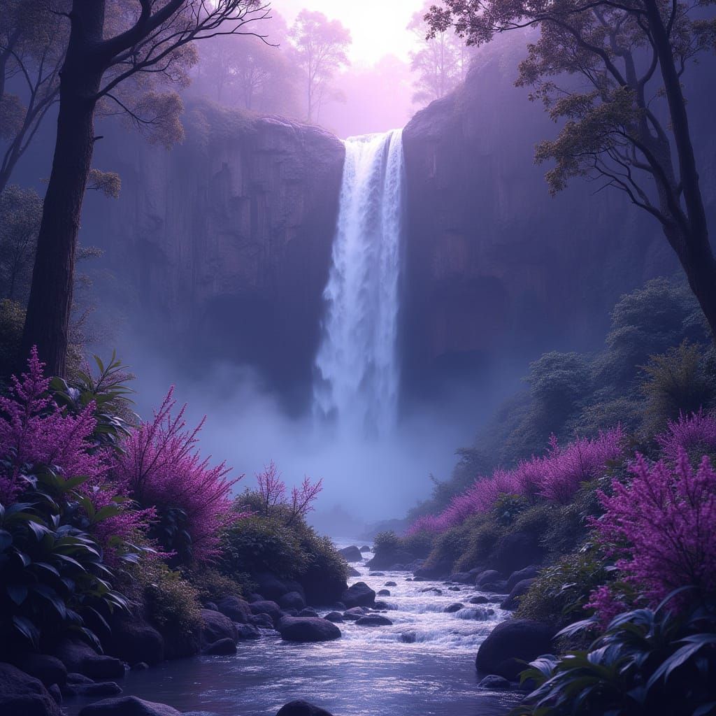 Exotic Jungle Oasis with Majestic Waterfall in a Vibrant Pur...