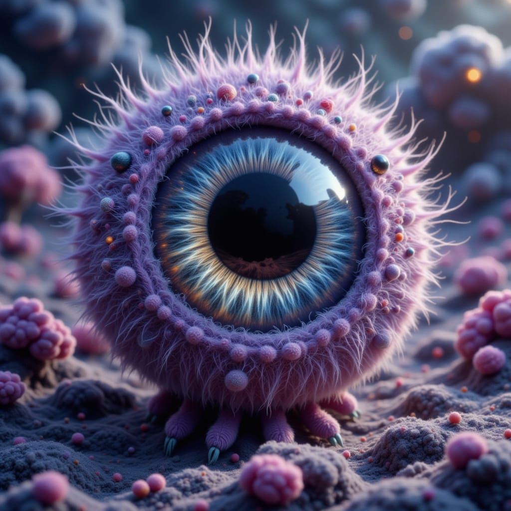 Giant Fuzzy Purple Eye in Surreal Whimsical Style