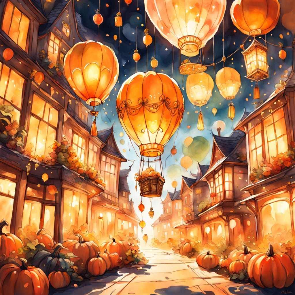 Whimsical Balloon-Lantern-Pumpkin in Watercolor Sketch Style