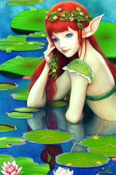 Elegant Elf in Lotus Pond: Watercolor Manga Art