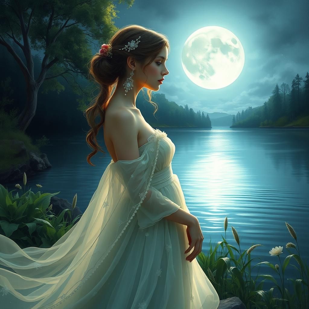 Ethereal Woman by Moonlit Lake in Symbolic Style